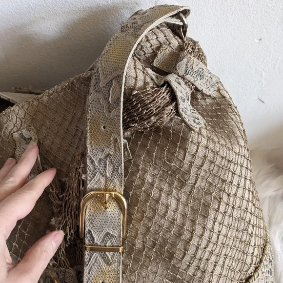 El Vaquero Beige Python Hobo Bucket Bag Purse Snakeskin Fishnet Linen - Picture 9 of 15